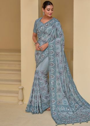 Grey Embroidered Banarasi Silk Saree 