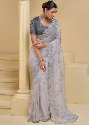 Grey Embroidered Silk Saree With Blouse