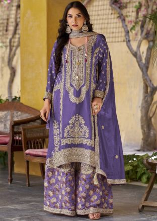 Purple Embroidered Palazzo Salwar Suit Set