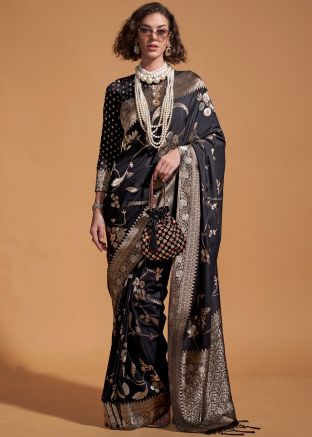 Black Zari Woven Saree In Georgette