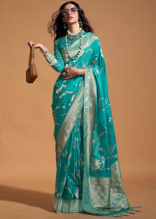 Turquoise Georgette Saree In Zari Woven Work