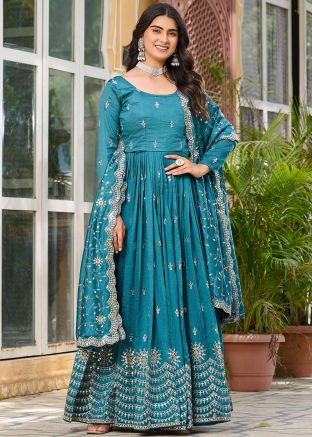 Blue Readymade Embroidered Anarkali Suit