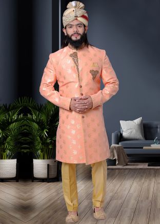 Peach Embroidered Jacquard Readymade Sherwani