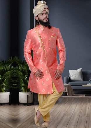 Peach Woven Readymade Sherwani With Trouser