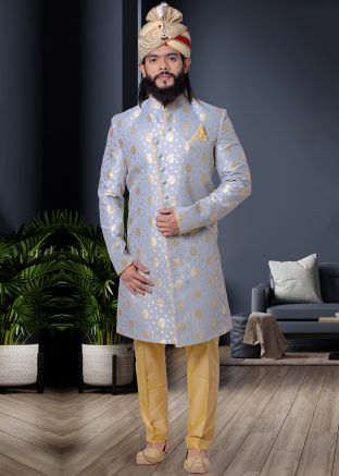 Silver Woven Readymade Sherwani Set