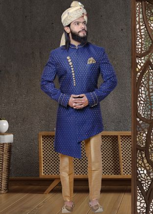 Readymade Blue Asymmetric Woven Sherwani Set