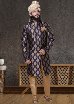 Blue Readymade Jacquard Sherwani With Trouser Set