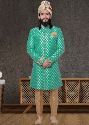 Green Readymade Jacquard Sherwani Set