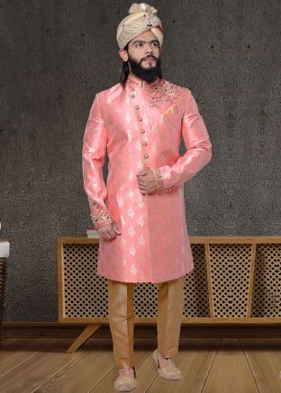 Peach Readymade Embroidered Sherwani Set