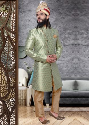 Readymade Green Woven Sherwani Set