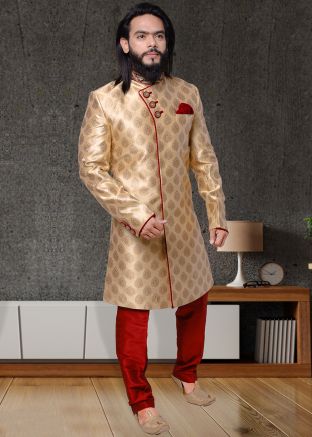 Readymade Golden Jacquard Sherwani With Trouser