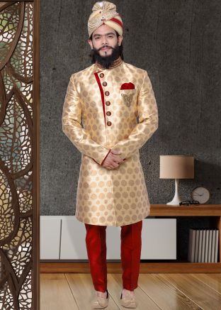 Readymade Woven Golden Sherwani With Trouser