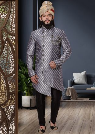 Grey Woven Readymade Sherwani With Trouser