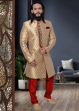 Golden Readymade Jacquard Sherwani With Trouser