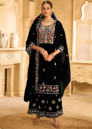 Black Embroidered Velvet Palazzo Suit Set
