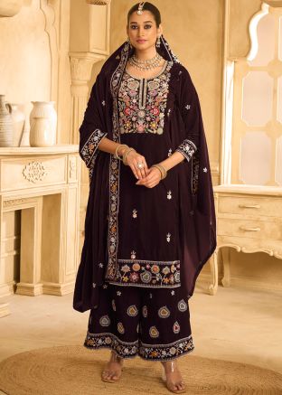 Brown Embroidered Velvet Palazzo Style Suit