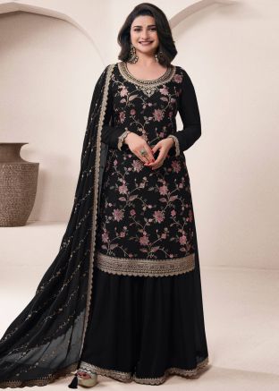 Prachi Desai Black Embroidered Sharara Suit