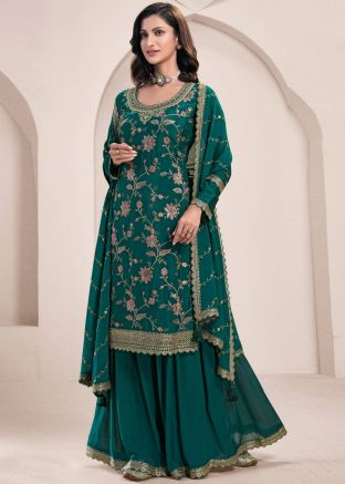 Teal Green Embroidered Sharara Suit In Chiffon