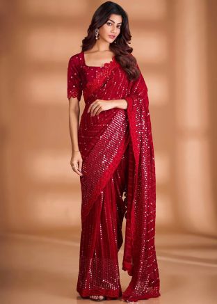 Red Embroidered Saree In Georgette