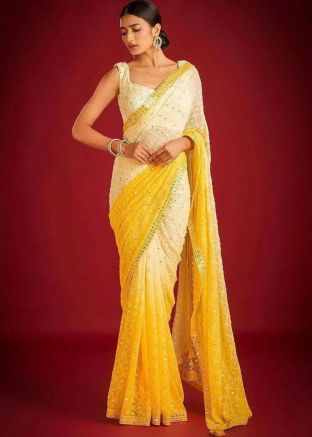 Cream Embroidered Saree In Georgette