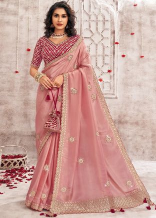 Pink Embroidered Organza Saree With Blouse