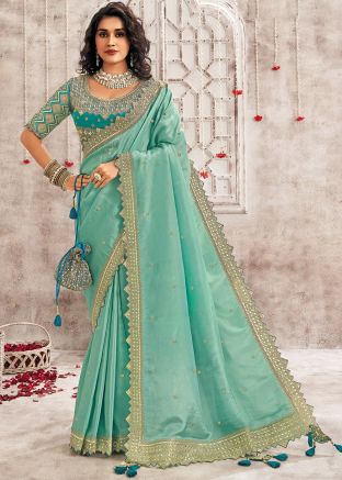 Turquoise Gota Patti Embroidered Saree In Organza
