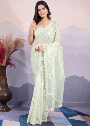 Light Green Sequins Embellished Saree In Net