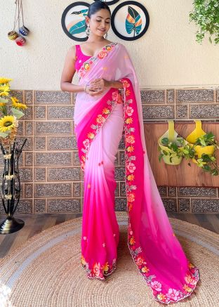 Shaded Pink Embroidered Georgette Saree