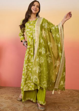 Green Readymade Printed Palazzo Style Suit