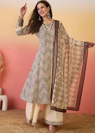 Beige Silk Printed Readymade Palazzo Suit