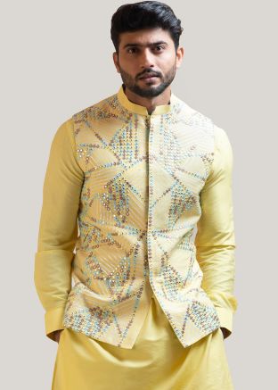 Readymade Yellow Mirror Work Embroidered Nehru Jacket