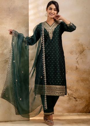 Green Embroidered Chanderi Silk Salwar Suit Set