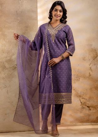 Purple Woven Salwar Suit Set In Chanderi