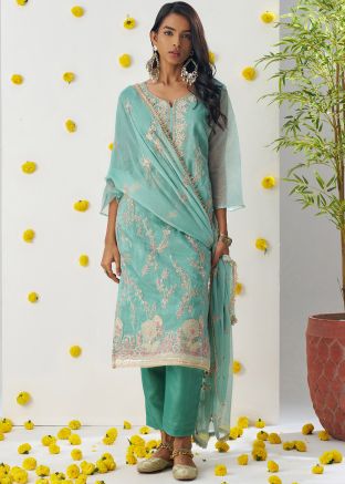 Readymade Blue Embroidered Pant Suit In Chiffon