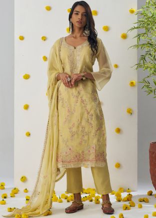 Readymade Light Yellow Embroidered Chiffon Pant Suit