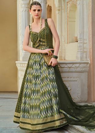 Readymade Green Printed Silk Anarkali Suit