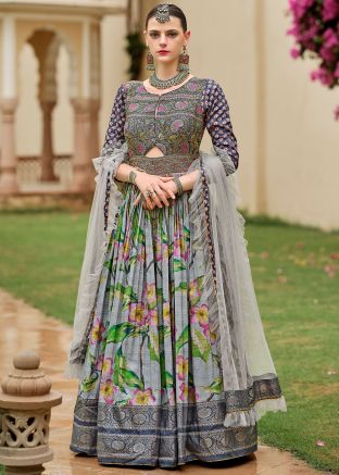 Grey Readymade Floral Print Anarkali Suit