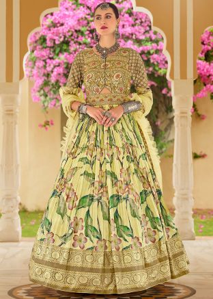 Yellow Readymade Floral Print Anarkali Suit Set