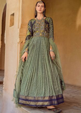 Sage Green Readymade Printed Anarkali Suit
