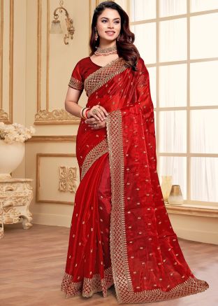 Red Zari Embroidered Saree In Art Silk