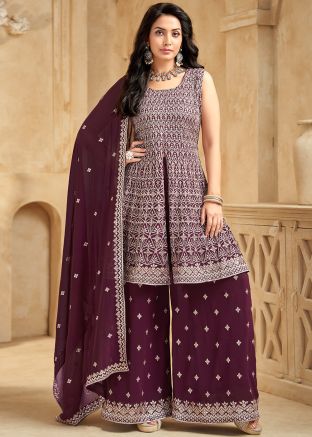 Wine Embellished Readymade Slitted Palazzo Suit