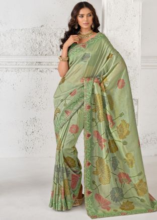 Green Floral Print Saree In Art Silk
