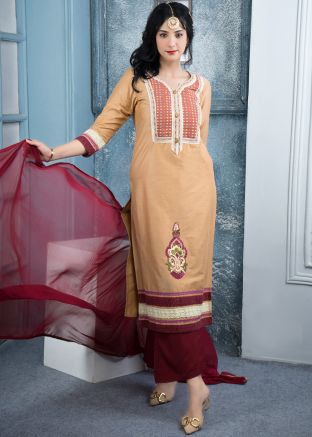 Brown Embroidered Salwar Suit Set In Cotton