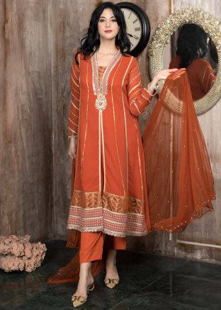 Orange Lace Work Salwar Suit Set In Georgette