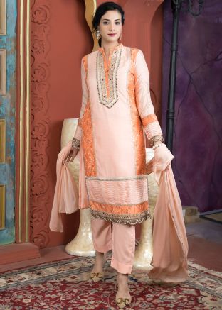 Peach Embroidered Chanderi Salwar Suit Set