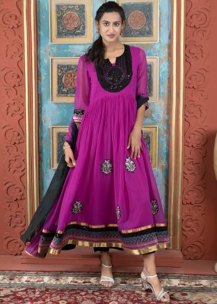 Pink Embroidered Anarkali Suit Set In Georgette