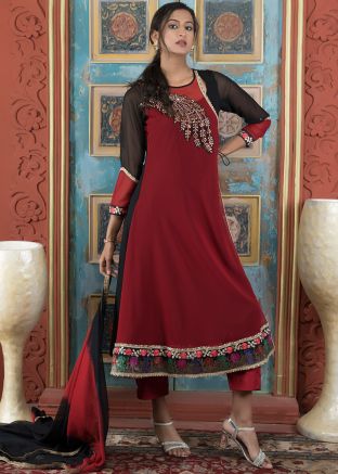 Red Embroidered Salwar Suit Set In Georgette