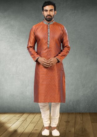 Orange Art Silk Woven Readymade Kurta Pajama Set
