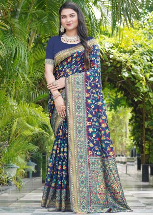 Blue Zari Woven Saree In Cotton