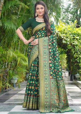 Green Cotton Saree In Zari Woven Work